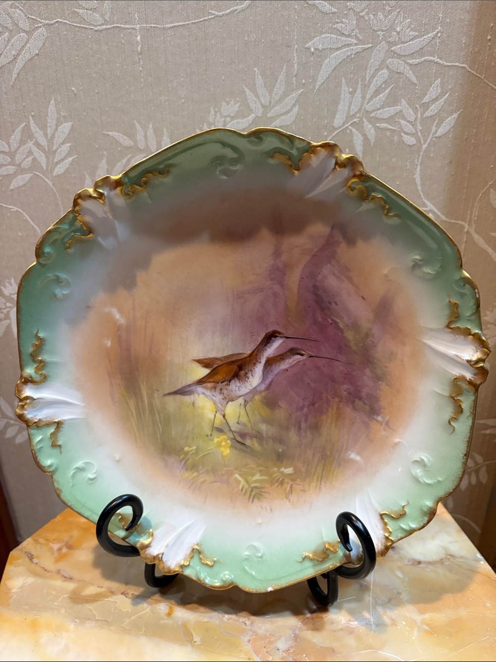 Limoges White and Pastille Green Porcelain Bird Plate